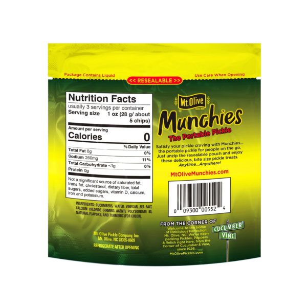 Back of Mt. Olive Munchies Kosher Dill Chips Pouch
