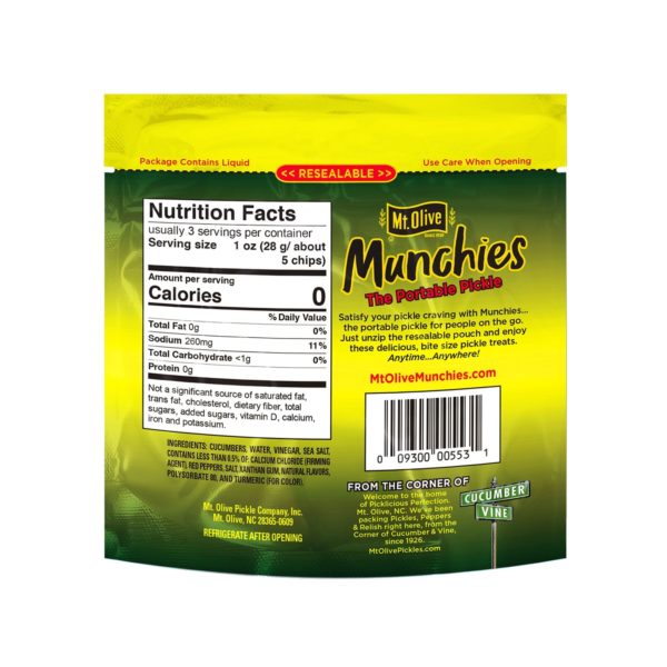 Back of Mt. Olive Munchies Buffalo Kosher Dill Chips Pouch