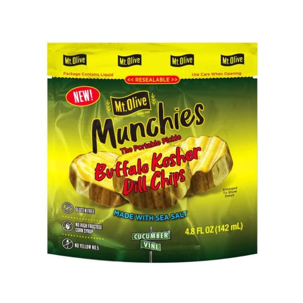 Front of Mt. Olive Munchies Buffalo Kosher Dill Chips Pouch